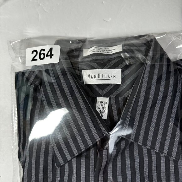 Van Heusen Mens Black & Gray Pinstripe Broadcloth Button-Up Shirt L Academia - Picture 13 of 13